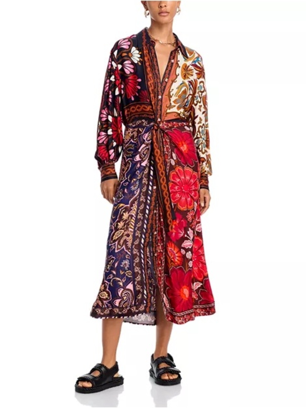 Farm Rio Miranda Mixed Printed Button Front Midi Dress